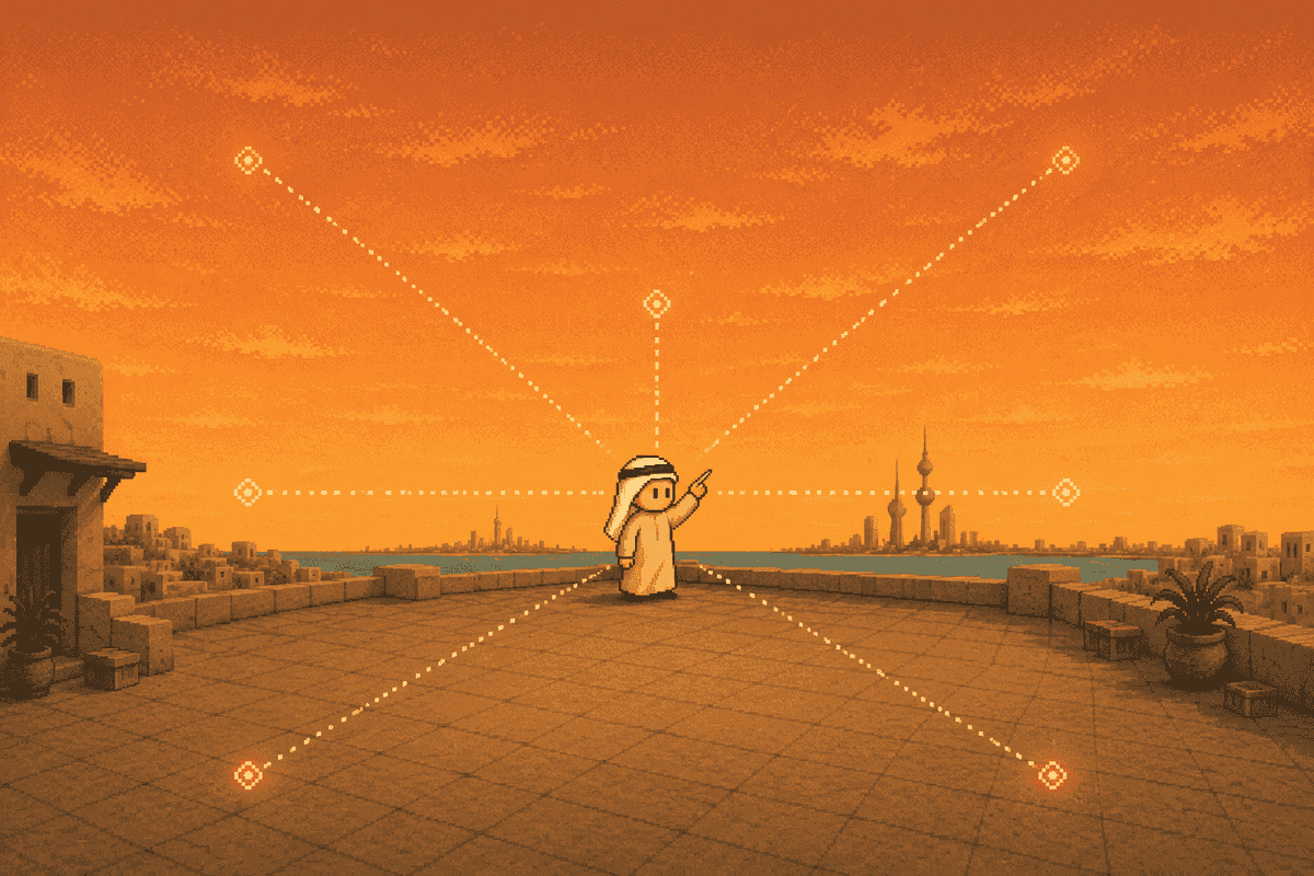 Pixel-art operator on a Kuwait rooftop at dusk, linked by dotted lines to Research, Analytics, CRM, Data, Email, Automation, and Docs nodes.